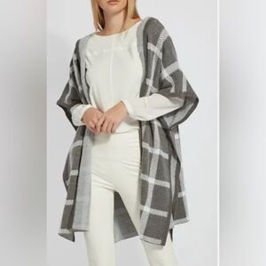 Lysse Tribeca Hooded Sweater Poncho Gray and White Plaid Open Cardigan